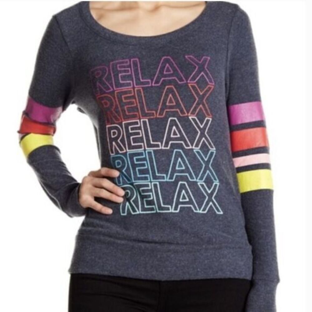 Chaser Relax Rainbow Graphic Stripe Sleeve Open Back Long Sleeve Top size M